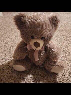 burton + BURTON Brown Wavy Fur Plush Teddy Bear Pink Bow 10"
